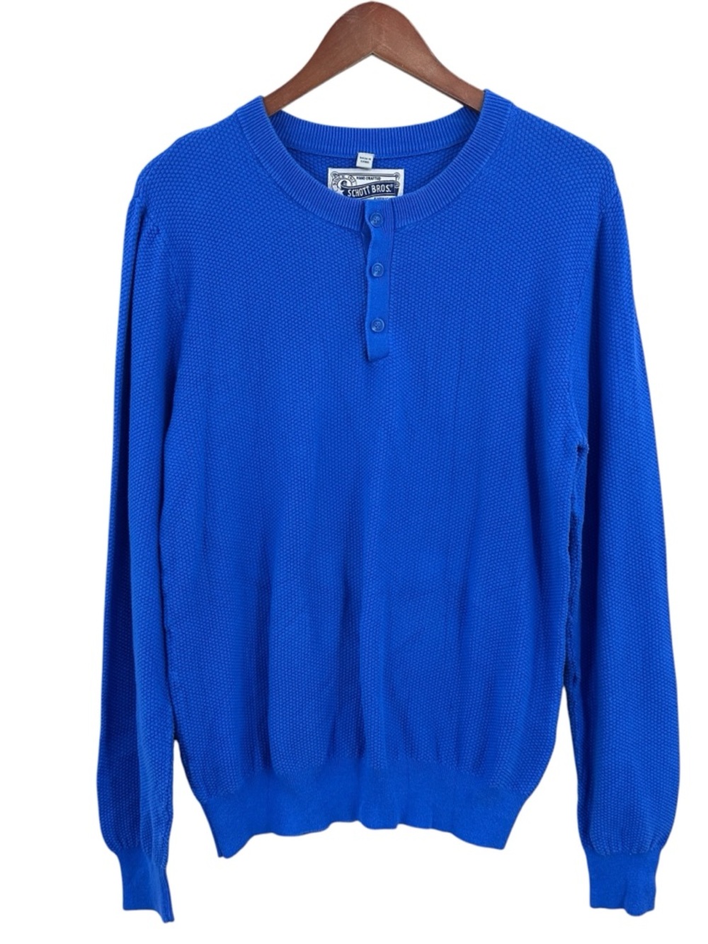 SCHOTT BROS Henley Shirt Waffle Cotton Pullover Long Sleeve Casual Blue